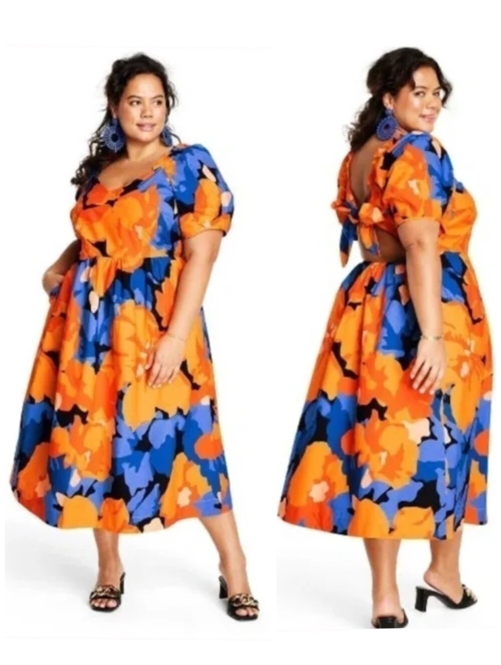 Tabitha Brown Cotton Floral Printed Puff Sleeve Tie Back Midi Dress